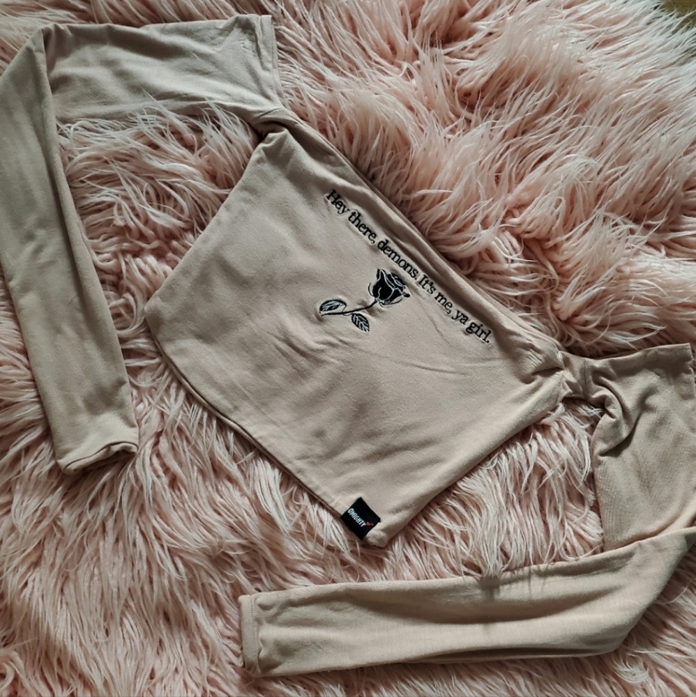 OMIGHTY Nude Off The Shoulder "Hey There Demons, It's Me" Long Sleeve Crop Top - Picture 2 of 10